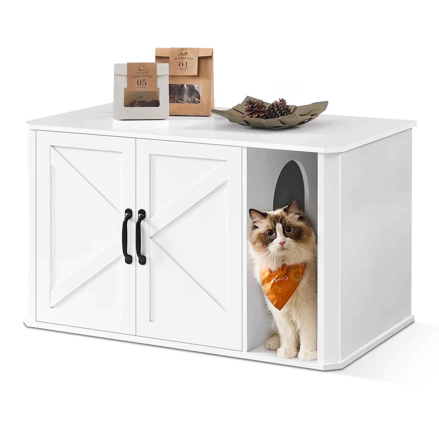 Cat Litter Box Enclosure, Hidden Litter Box Furniture, with Front Entry, Double Doors, Handles, End Side Table