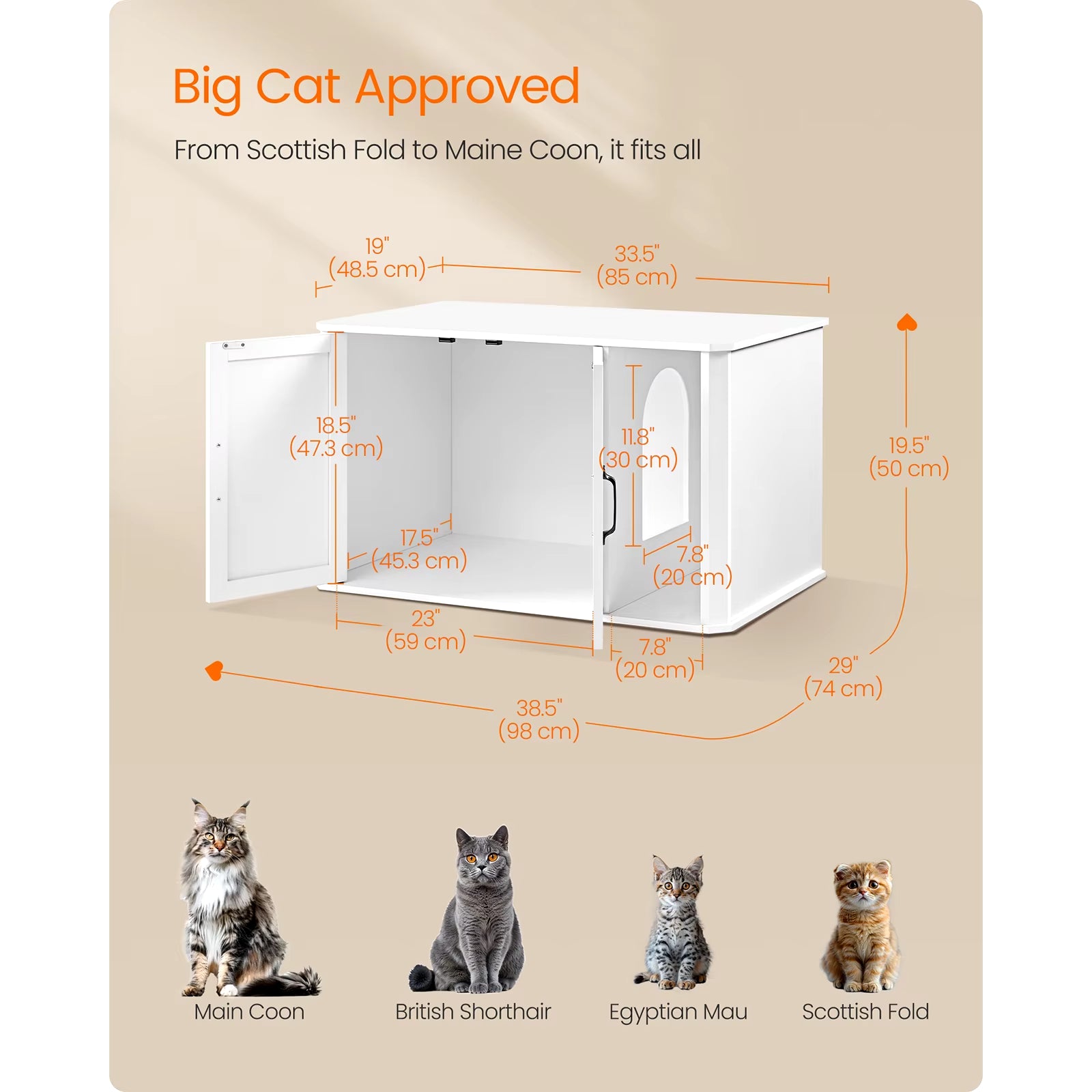 Cat Litter Box Enclosure, Hidden Litter Box Furniture, with Front Entry, Double Doors, Handles, End Side Table