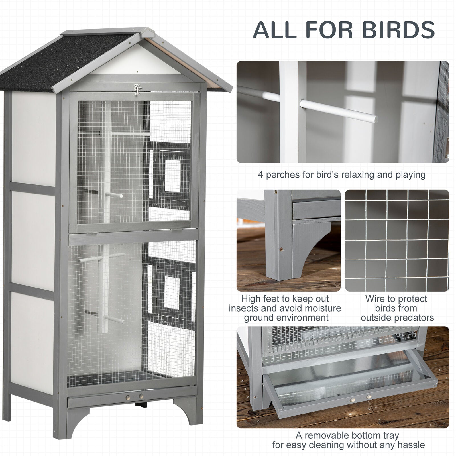 Pawhut Wooden Bird Aviary, Outdoor Bird Cage for Finch, Canary W/ Tray - Grey