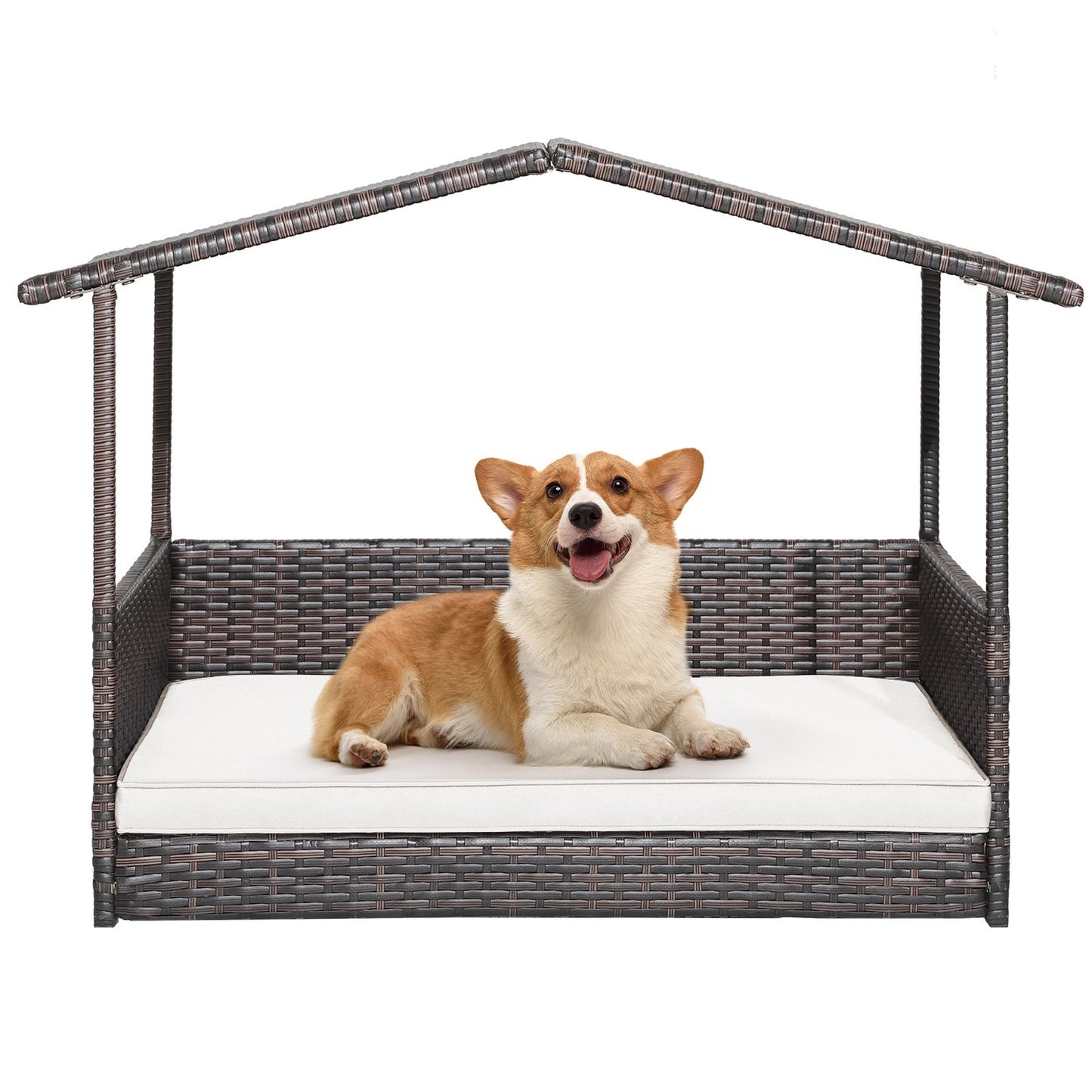 Wicker Dog House with Roof and Removable Cushion for Living Room Yard