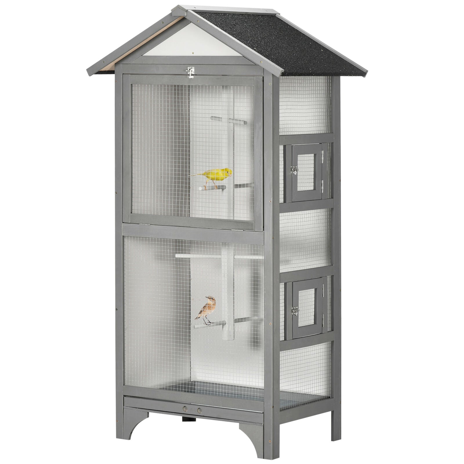 Pawhut Wooden Bird Aviary, Outdoor Bird Cage for Finch, Canary W/ Tray - Grey