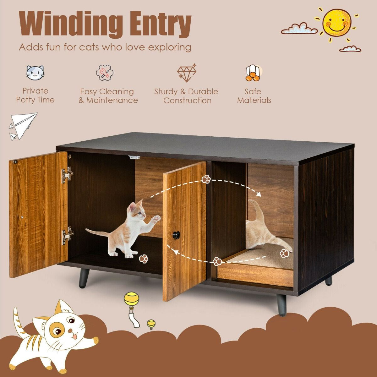 Wooden Storage Cabinet with Cat Little Box Enclosure