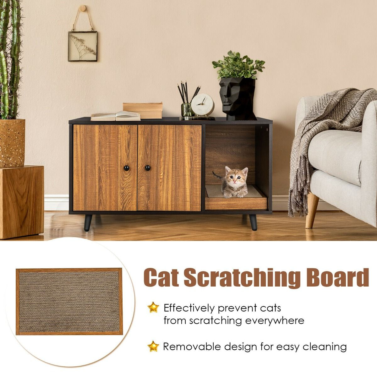 Wooden Storage Cabinet with Cat Little Box Enclosure