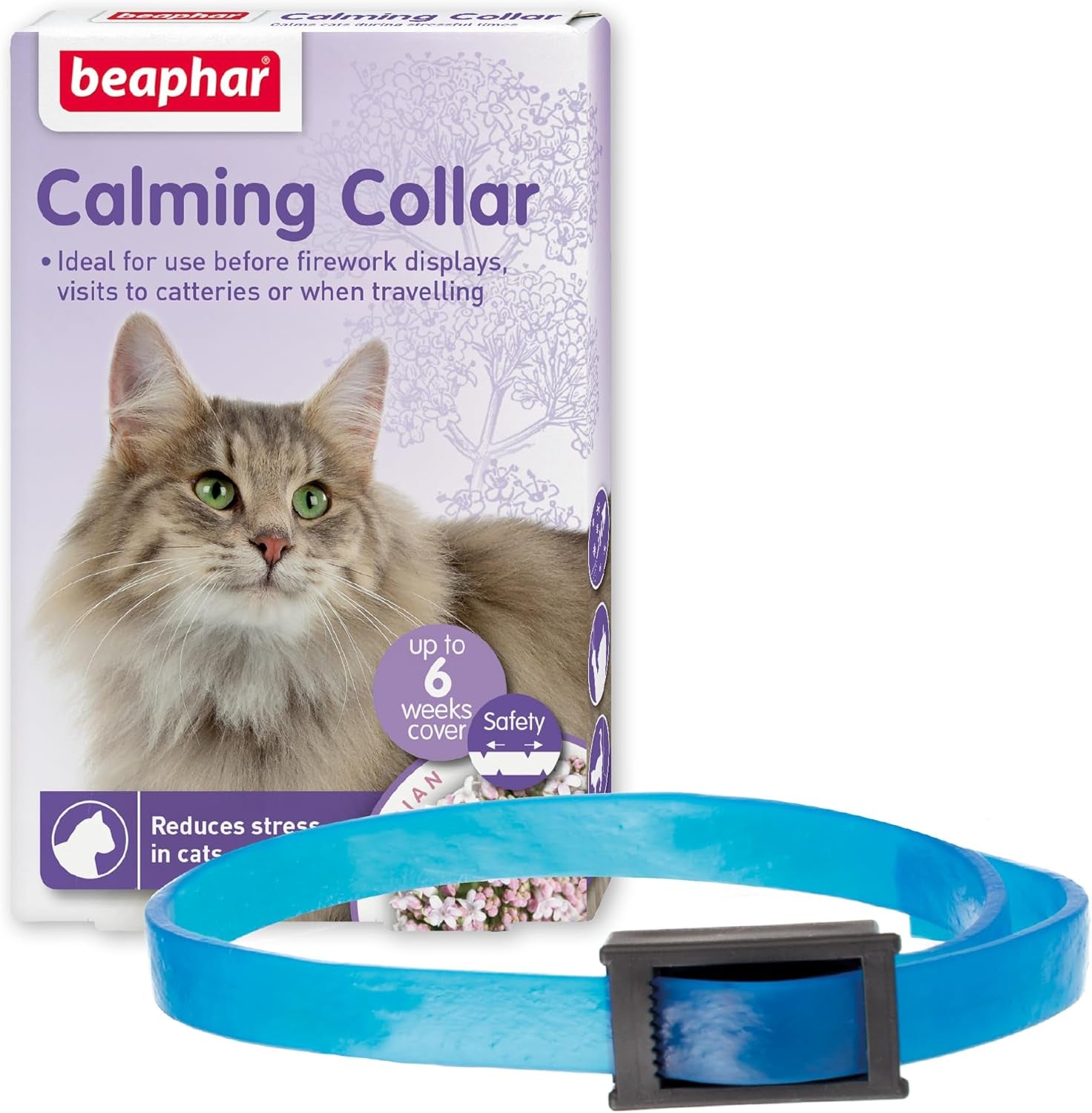 - Herbal Calming Collar - for Cats - for Fireworks, Thunderstorms, Car Travel & Long-Term Stress - Contains the Natural Herb Valerian - up to 6 Weeks of Calming - 1X Adjustable 65Cm Collar