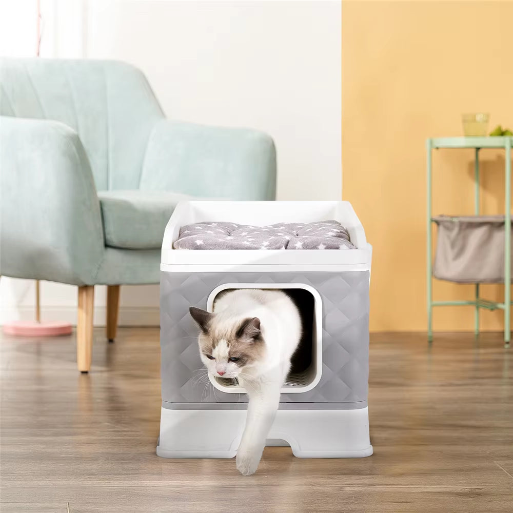 Foldable Cat Litter Box Large Pet Toilet+Cat Sand Shovel Easy Clean Leak-Proof Enclosed