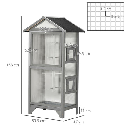 Pawhut Wooden Bird Aviary, Outdoor Bird Cage for Finch, Canary W/ Tray - Grey