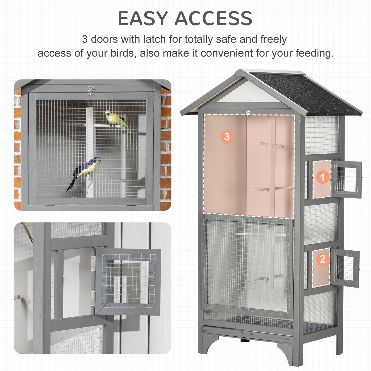 Pawhut Wooden Bird Aviary, Outdoor Bird Cage for Finch, Canary W/ Tray - Grey