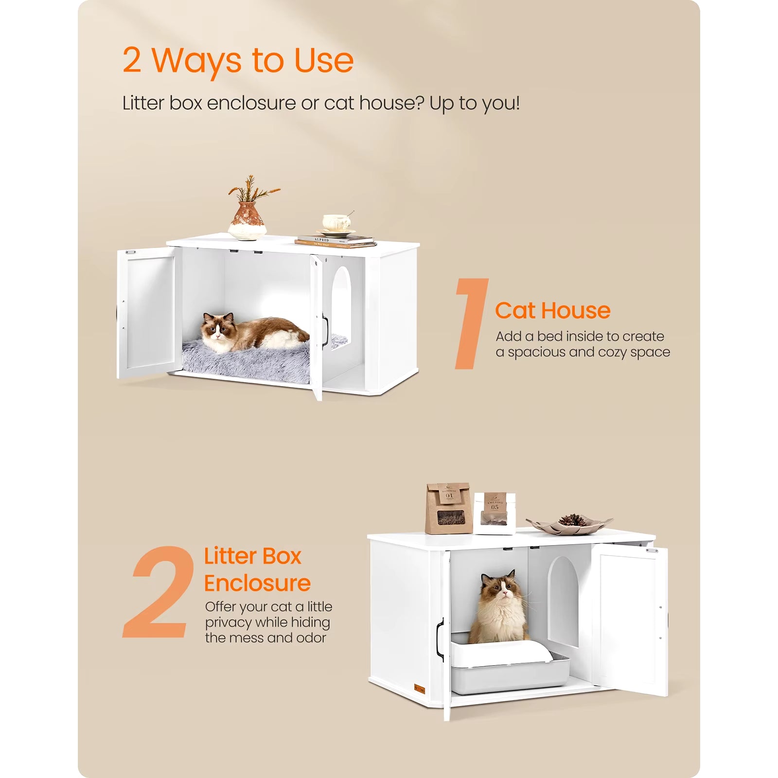 Cat Litter Box Enclosure, Hidden Litter Box Furniture, with Front Entry, Double Doors, Handles, End Side Table